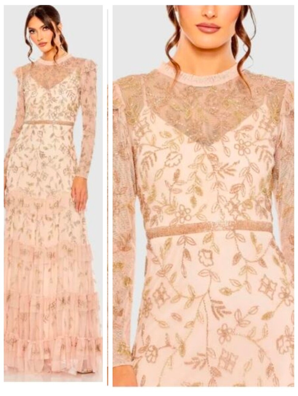 Mac Duggal 9237 Blush Pink Nude Beaded Tulle Formal Gown Long Sleeve 16 Dress